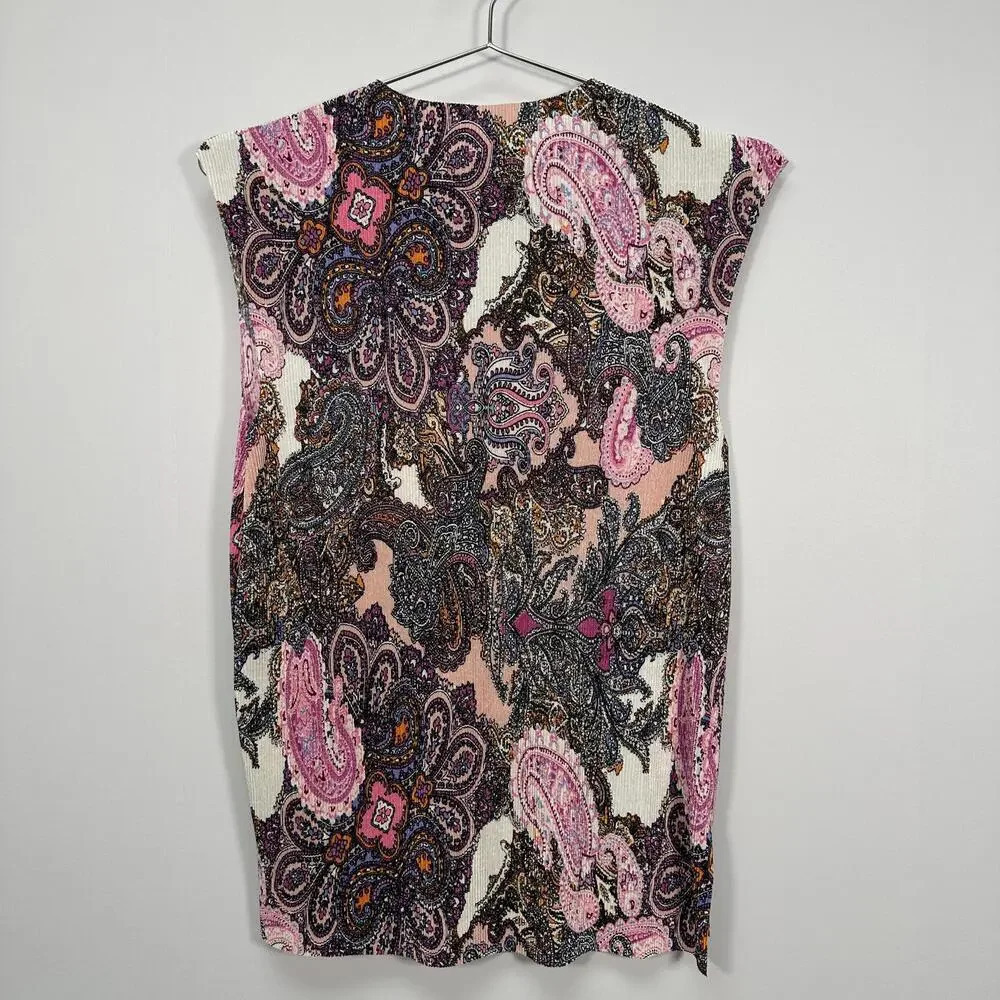 Pink Paisley Ribbed Short Sleeve Top Sleeveless Girly Stretchy Shirt Large - Picture 3 of 4